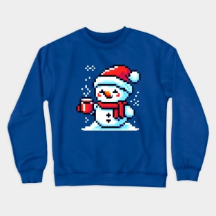 Pixel Art Snowman Enjoying Coffee - Winter Holiday Design Crewneck Sweatshirt